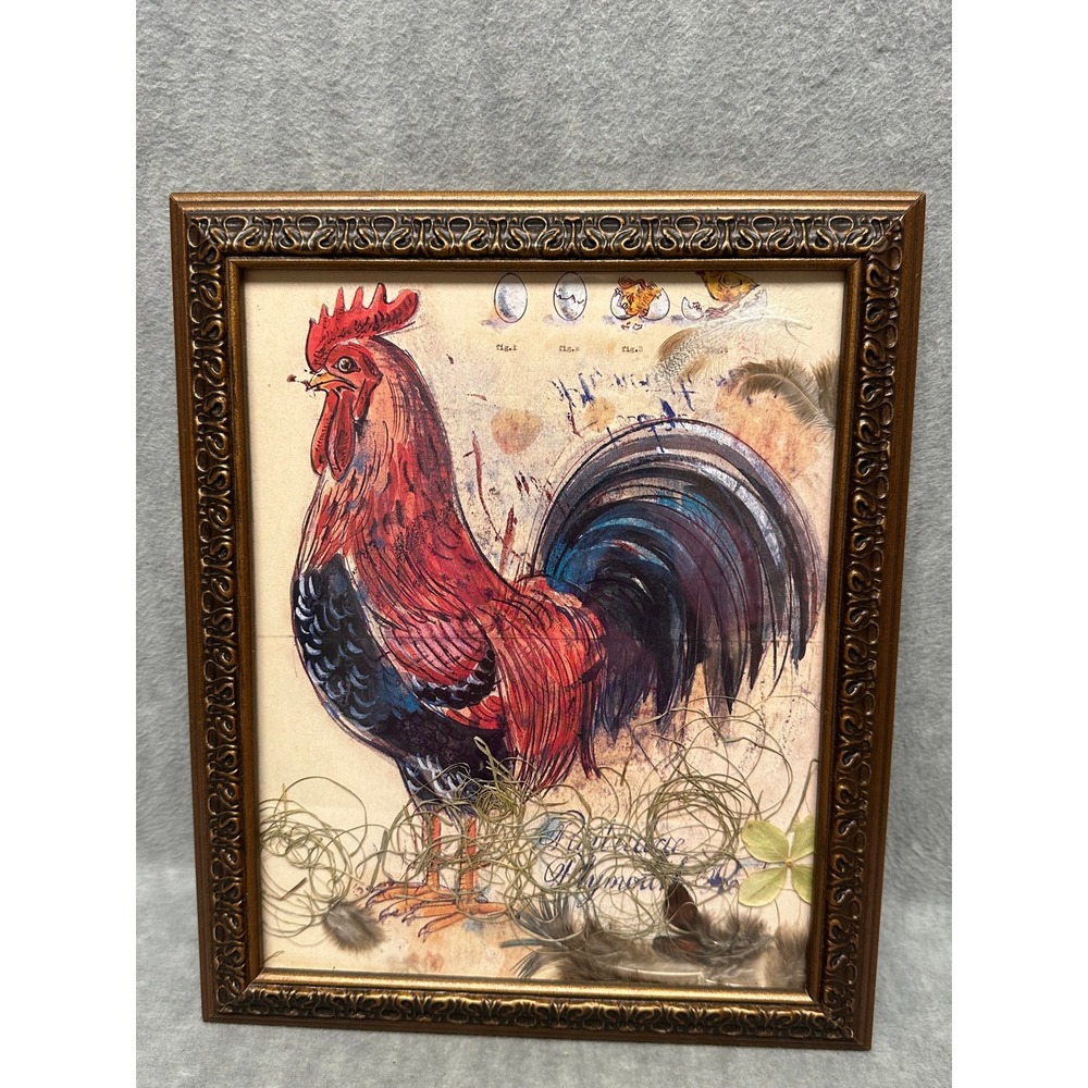 Partridge Plymouth Rock Rooster 3D Mixed Media Art Feathers Straw Folk Art Decor
